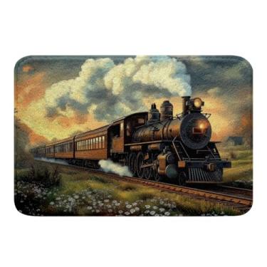 Imagem de Erosebridal Conjunto de tapete de banheiro vintage para meninos 40,6 cm x 61 cm, trem a vapor ferroviário tapete de banho para crianças e adultos, tapete de porta de trens de transporte rústico tapete
