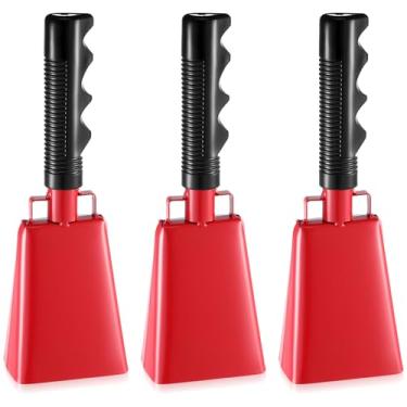 Imagem de Yeshone 3 peças de sinos de vaca para fazer barulho com alças de torcida para eventos esportivos musicais de percussão de mão sinos de futebol sólido sino alto sino de chamada para escola, vermelho