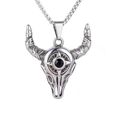 Imagem de Colar masculino gótico retrô hip-hop punk touro crânio incrustado, aço inoxidável 316L, corrente de pérola quadrada de aço inoxidável prata, joia retrô