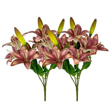 Imagem de ATFL Flores de lírio artificiais, 18 cabeças, 5 garfos de haste longa, buquês de flores falsas de tigre e lírio para casa, hotel, escritório, festa, decoração de mesa (2, marrom)