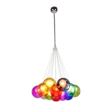 Imagem de Lustre pendente moderno e colorido com várias lâmpadas, acabamento cromado, soquete G4, globo de vidro soprado à mão, luminária de teto suspensa para ilha de cozinha, escada, sala de estar (