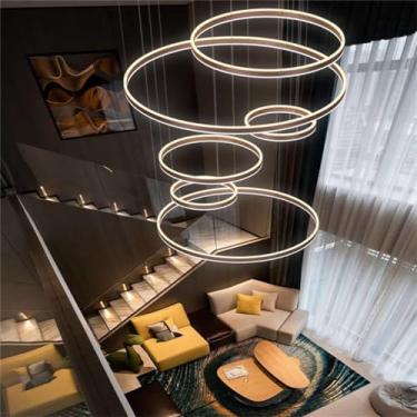 Imagem de Luminária Pendente Moderna de LED para Mesa de Jantar, Lustre de 5 Anéis com Controle Remoto e Luzes Reguláveis, em Metal e Acrílico, com Altura Ajustável, Ideal para Sala de Estar, Cozinha