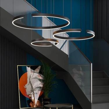 Imagem de Luminária pendente de LED para mesa de jantar, regulável, dourada rosê, design moderno com anéis, lustre de alumínio para sala de jantar, luminárias pendentes para escadas, luminária de mesa