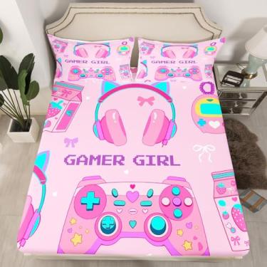 Imagem de Feelyou Jogo de lençol solteiro com desenho animado para crianças, adolescentes, gatos, decoração de quarto de jogos, 2 peças, 1 lençol com elástico + 1 fronha (sem lençol de cima)