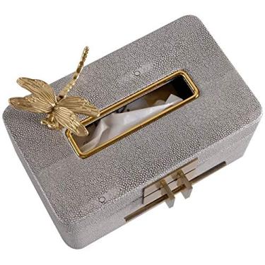 Imagem de Capa para caixa de lenços europeu, suporte de lenços retangular com decoração de metal, couro PU, dispensador de lenços faciais, porta-guardanapos para escritório em casa (libélula cinza prata)