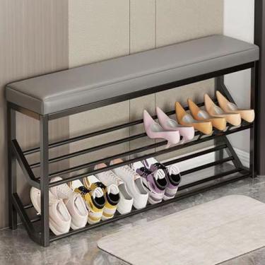 Imagem de Banco de armazenamento de sapatos com assento acolchoado, sapateira de entrada de 80 x 20 x 48 cm, organizador de porta frontal fino para sala de estar e corredor, solução elegante de armazenamento de