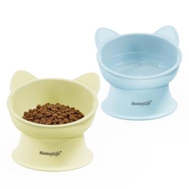 Imagem de MateeyLife Tigelas elevadas para gatos, conjunto de tigela de água e comida elevada 2P para gatos internos e cães pequenos, tigela para gatos com bigode fadiga, tigelas para animais de estimação