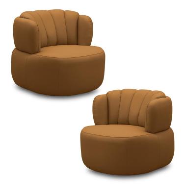 Imagem de Kit 2 Poltronas Decorativas Mariele Sala de Estar Base Giratória Aço Couro Caramelo
