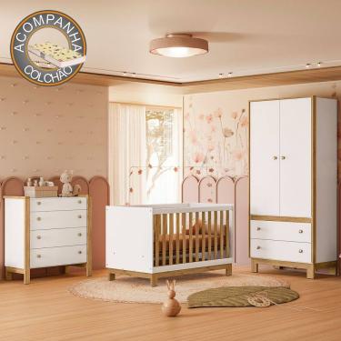 Imagem de Quarto de Bebê Completo com Berço Slim Cômoda e Roupeiro Flora Branco Freijó Qmovi + Colchão Gazin