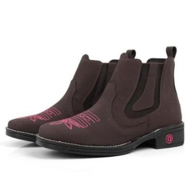 Imagem de Bota Botina Texana Feminina Café Rodeio Bordado Rosa e Solado Resistente-Feminino