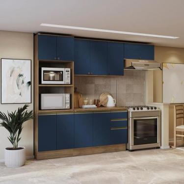 Imagem de Armário de Cozinha Completa 100% MDF 270cm Nogueira/Azul Profundo Cele