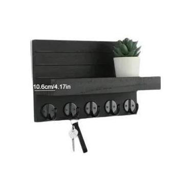 Imagem de Suporte De Chaves De Madeira Rústica Montado Na Parede Com 5 Ganchos, 