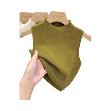 Imagem de Colete De Tricô Feminino Sem Mangas Com Gola Alta E Top Cropped Para P