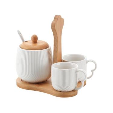 Imagem de Jg 4 Peças Xicara p/Café Ceramica Oasis 90ml e Açucareiro c/Suporte - 
