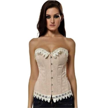 Imagem de Corpete Corset Corselet Redutor Modelador Cintura Renda Floral Creme M173