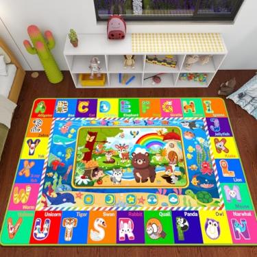 Imagem de LTKOUGFAM Tapete infantil ABC para sala de jogos, animais da floresta para sala de aula, tapete educativo para bebês (verde, 149 x 100 cm)