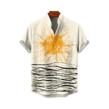 Imagem de Camisa Masculina Vintage De Linho Com Estampa De Sol, Manga Curta, Ver