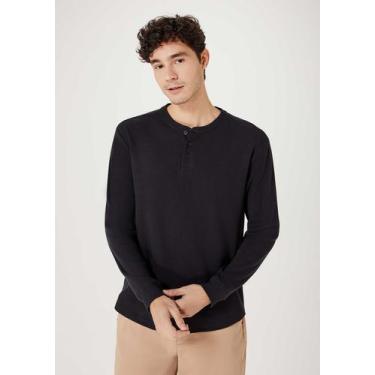 Imagem de Camiseta Henley Masculina Manga Longa - Hering, G, Preto