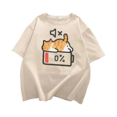 Imagem de Camiseta Retrô De Verão Com Estampa De Gato, Solta, De Manga Curta E G