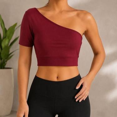 Imagem de Cropped Feminino Um Ombro Só Manga Curta Barra Liso Academia Fitness S