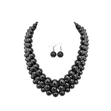 Imagem de Conjunto feminino de colar e brincos com três fios de pérolas falsas, Pérola sintética, Sem Pedra Preciosa