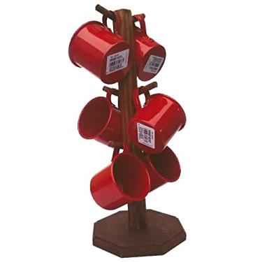 Imagem de Suporte Rústico com 6 Canecas de Café em Alumínio Esmaltadas - Vermelha