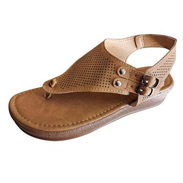 Imagem de Sandálias para mulheres, sandálias femininas Wedge 2021 retrô romanas T tiras chinelos dedo aberto casual sapatos de verão, Caqui, 7