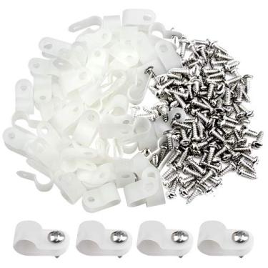 Imagem de XINGYHENG 100 peças de grampos de cabo tipo R de nylon branco para tubo de fio de 1/8 polegada (3,2 mm) de diâmetro fixador de clipe de cabo de plástico com 100 parafusos para gerenciamento de fios