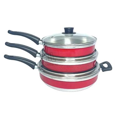 Imagem de Conjunto Kit Frigideira 3 Peças Com Tampa De Vidro (Vermelha)