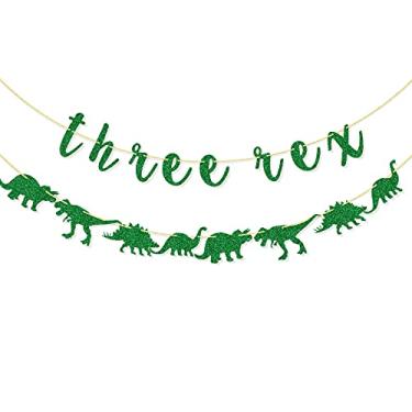 Imagem de Três bandeiras Rex, decorações de festa de 3º aniversário, suprimentos de terceiro aniversário, guirlanda de dinossauro com bandeirinhas, placa T-Rex (purpurina verde)