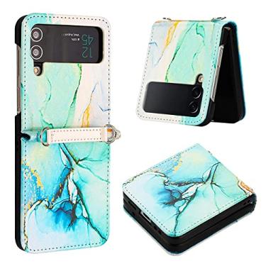 Imagem de Capa de telefone de couro transversal para Samsung Galaxy Z Flip 4 3 5G Flip4 Flip3 Capa à prova de choque alça cordão padrão de mármore, LS003 com alça, para Galaxy Z Flip 4 5G