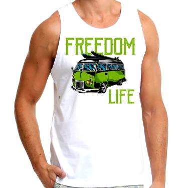 Imagem de Camiseta Regata Masculina Branca Carro Van Kombi Surf Prancha Freedom Life Verde
