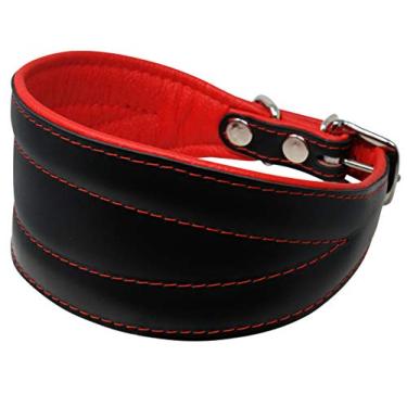 Imagem de Coleira de couro real extra larga acolchoada afunilada para cachorro preto brilhante Greyhound Saluki Deerhound Lurcher Whippet Dachshund (3,25"-15,25" pescoço; 6,35 cm de largura, vermelho)