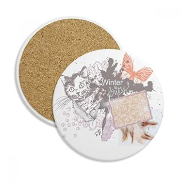 Imagem de Pequeno gato e borboleta em pintura a tinta copo copo copo caneca de proteção de mesa pedra absorvente