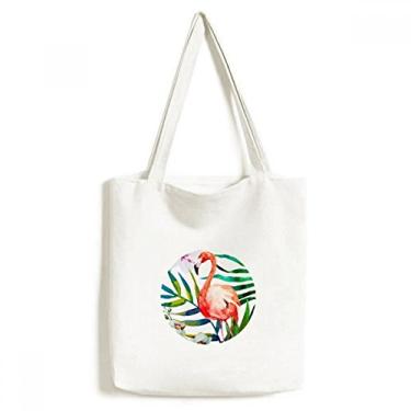 Imagem de Bolsa de lona com estampa de plantas tropicais, flores de flamingo, bolsa de compras casual