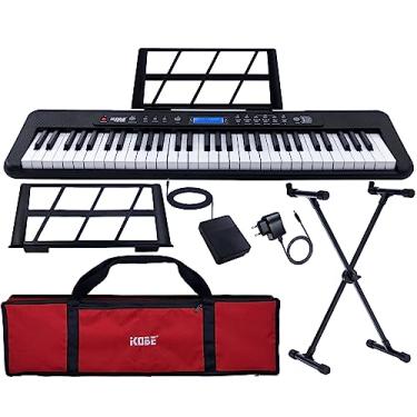 Imagem de Kit Teclado Musical Estudante Kobe KB-300 5/8 61 Teclas Sensíveis ao Toque com Pedal Sustain, Capa Vermelha e Suporte