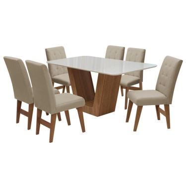 Imagem de Conjunto Mesa de Jantar Safira com 06 Cadeiras Agata 160cm Cedro/Branco Off/Bege - Doce Sonho Móveis