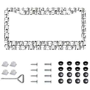Imagem de 1 pç preto e branco desenhado à mão com molduras de placa de carro de cachorro de desenho animado de aço inoxidável capa de placa de carro de desenho animado com tampa de parafuso e conjunto de chave