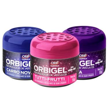 Imagem de Kit 3 Odorizadores Cheirinho Automotivo Em Gel Fragrâncias Carro Novo TuttiFruti Lavanda 55g Cada Orbi Química