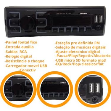 Imagem de Som Automotivo Bluetooth Radio Aparelho Mp3 2 USB AUX RCA Cartão SD FM Carregador celular Universal 1din com controle