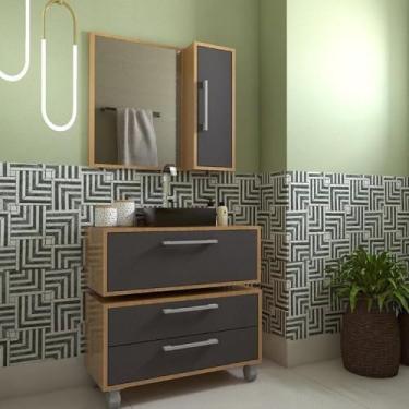 Imagem de Gabinete para Banheiro Suspenso 80cm Alice com Balcão 2 Gavetas e Espelheira com Cuba Preta Mel/grafite