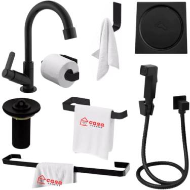 Imagem de Kit Acessórios Banheiro Luxo Preto Fosco + Ducha Higiênica Black + Ralo Click Inteligente Inox + Válvula Pia Ralo Preto + Torneira Abs Bica Móvel