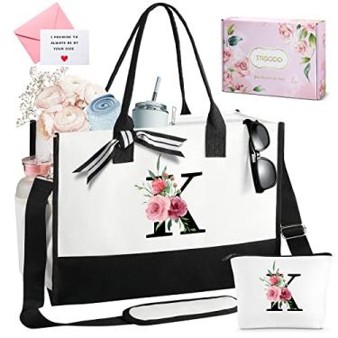 Imagem de Bolsa de praia Ini-tial Can-vas com bolsa de maquiagem, sacola floral para mulheres com bolso interno, bolso lateral, alça de ombro, caixa de presente, cartão, personalizado amigos aniversário noiva irmã mãe presentes de agradecimento K