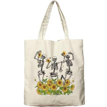 Imagem de Dlzdn Bolsa de lona com girassóis crânio para mulheres, estética, engraçada, floral, esqueleto, sacola de compras, sacola de compras, bolsa de praia, presentes para mulheres, bolsa de professor,
