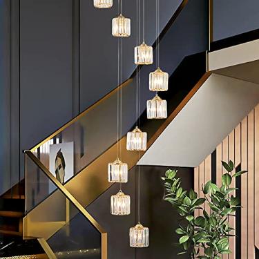 Imagem de Lustre de escada em espiral, abajur de cristal, bolas de teto, lâmpada de bolha de vidro, luminárias pendentes grandes para sala de estar, corredor, luzes suspensas duplex, ouro, 50 × 200 cm, 10