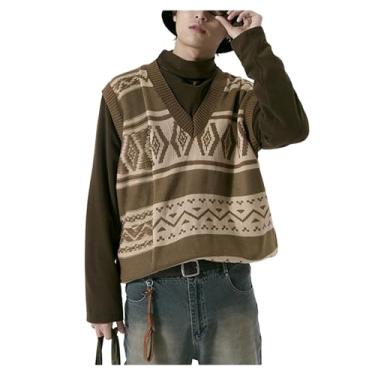 Imagem de Suéter masculino pulôver solto gola V colete confortável durável quente color block tops, Marrom, XG