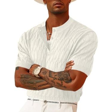 Imagem de OYOZONE Camisas polo masculinas de malha de manga curta com textura Henley camisetas tricotadas casuais leves para golfe, Branco, G