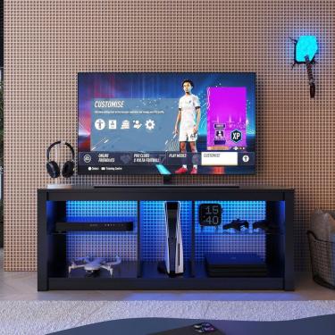 Imagem de Rack para Tv até 55 Polegadas Estilo Gamer com 2 Prateleiras em Vidro e Iluminação em Led Rgb Preto