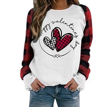 Imagem de Lainuyoah Camiseta feminina de manga longa com estampa de coração divertida Dia dos Namorados Love gola redonda primavera 2024 tops modernos, 7#branco, G