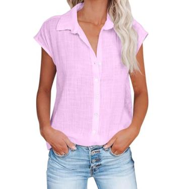 Imagem de Blusa feminina casual de linho para o verão 2024, gola V, manga cavada, com botões, cor sólida, túnica para escritório, rosa, XXG